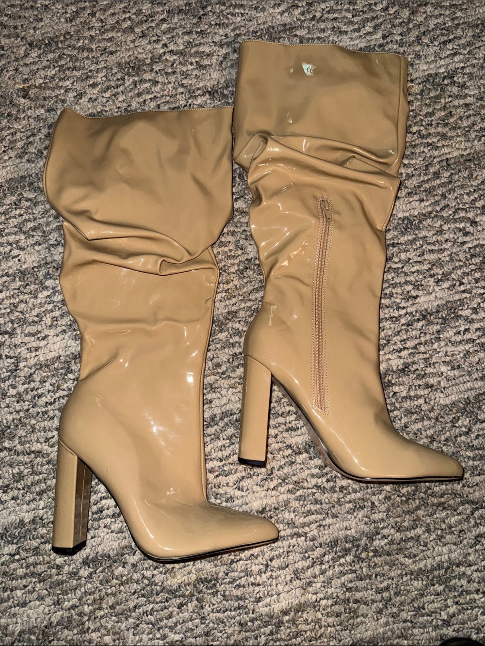 Public Desire Beige Patent Slouch Knee-High Heeled Boots